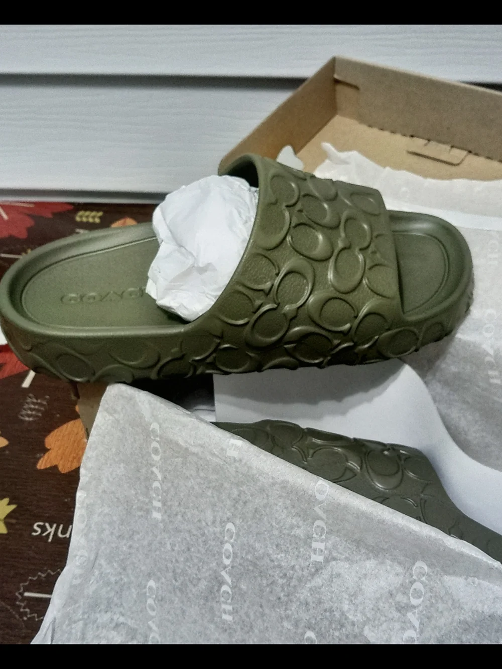 Coach Olive Green Embossed Logo Slide